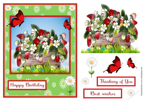 Strawberry flowers birthday greeting card