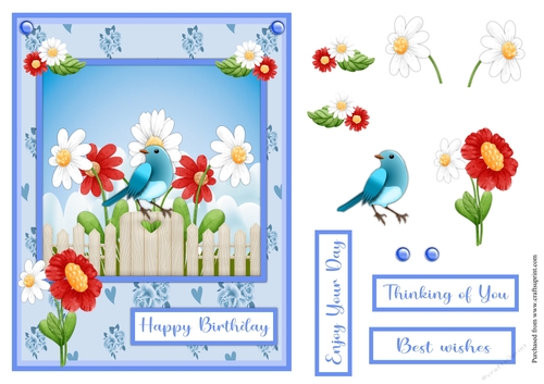Blue bird with daisies and red flowers greeting card