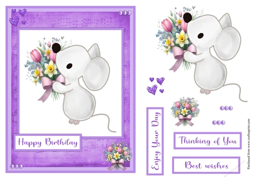 Little mouse with flowers greeting card