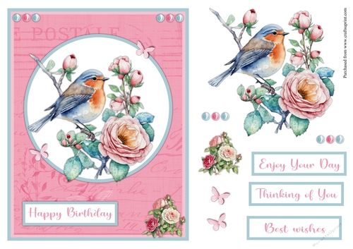 Blue bird with roses and butterflies greeting card