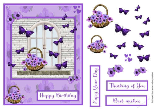 Window and butterflies in lilac greeting card