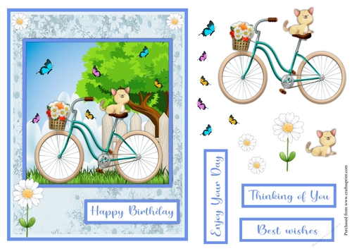 Bicycle and cat and butterflies greeting card