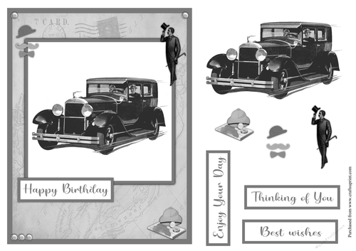 Black car in vintage style greeting card