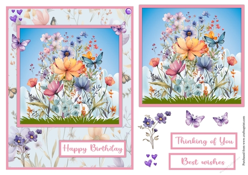 Wildflowers in pink and lilac and butterflies greeting card