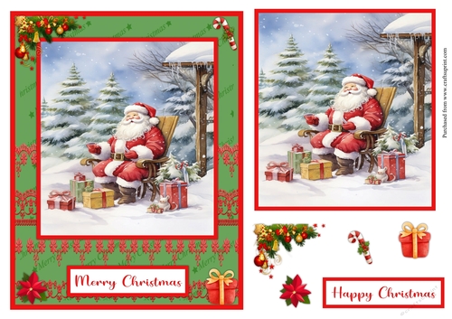 Santa Claus surrounded by gifts greeting card