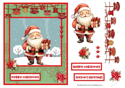 Christmas greeting card with Santa Claus handing a gift