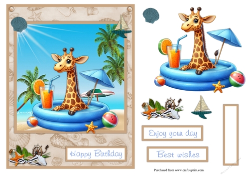 Giraffe in the pool at the sea greeting card