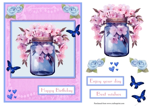 Cherry flowers in blue jar greeting card