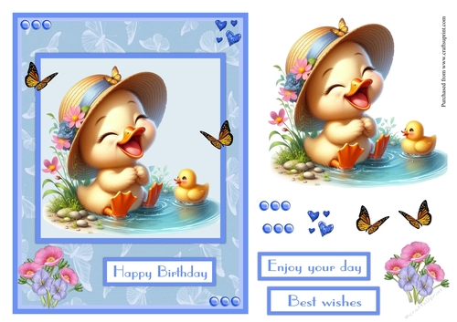 Little duck bathing in a pond greeting card