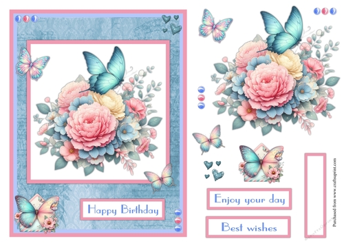 Butterflies and roses in pale blue and pink greeting card