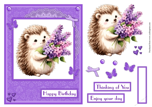 Hedgehog with flowers in lilac and pink greeting card