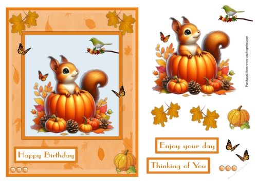 Squirrel and bird in Fall season greeting card