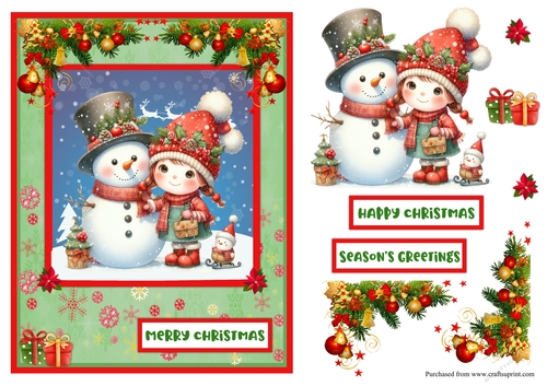 Little girl and snowman Christmas greeting card