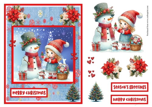 Christmas greeting card with a little blond girl and a snowman