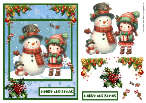 Snowman and little girl Christmas greeting card