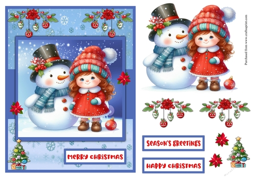 Sweet little girl and snowman Christmas greeting card