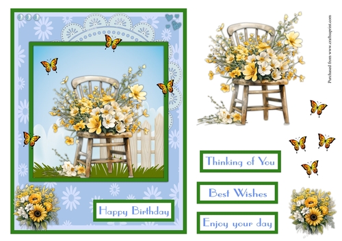 Bunch of flowers on a chair greeting card