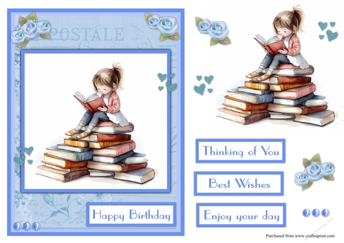 Girl sitting on a pile of books greeting card