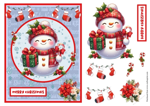 Cute snowman with gift Christmas greeting card