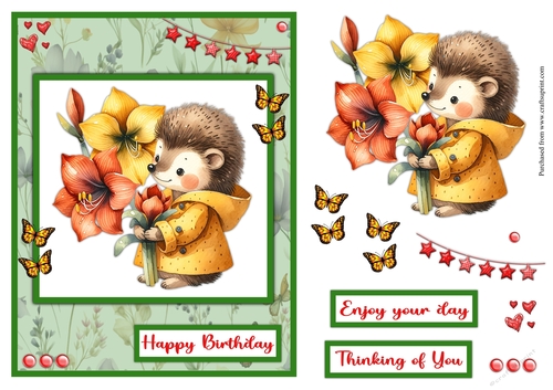 Hedgehog with amaryllis flowers greeting card