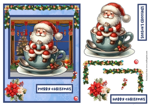 Santa Claus sitting on a chocolate mug Christmas greeting card