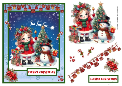 Snowman and cute little girl Christmas greeting card