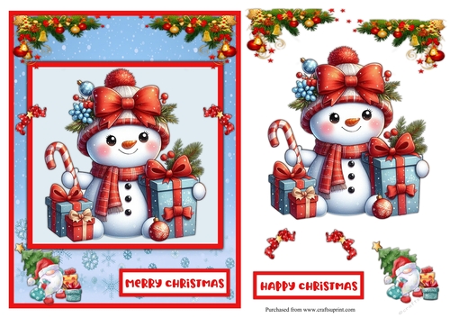 Christmas greeting card with a cute snowman and Santa Claus