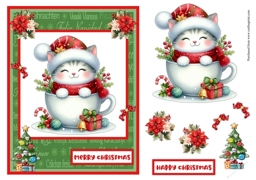 Christmas cat in a cup greeting card