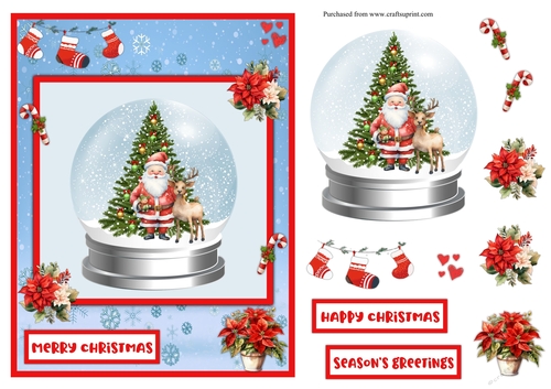 Christmas snowglobe with Santa Claus and reindeer greeting card