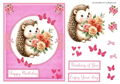 Hedgehog and roses birthday greeting card