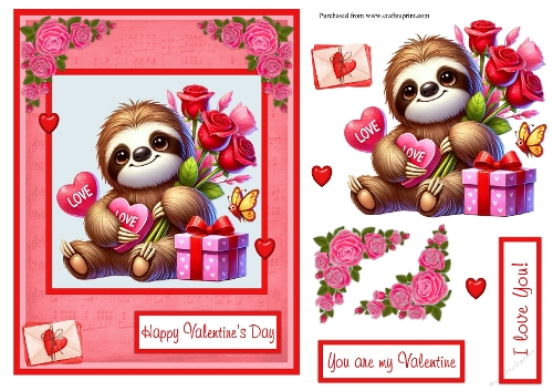 Sloth with roses Valentines day greeting card