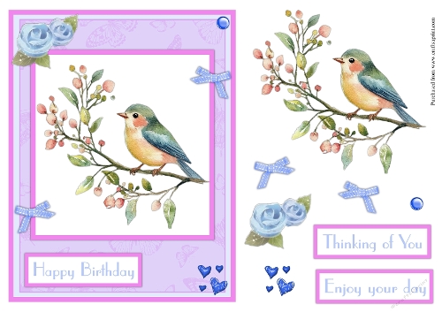 Bird with pink flowers greeting card