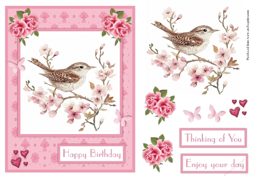 Bird and pink flowers greeting card