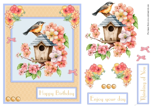 Bird with flowers in pale orange greeting card