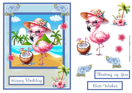 Flamingo at the beach with coconut drink greeting card