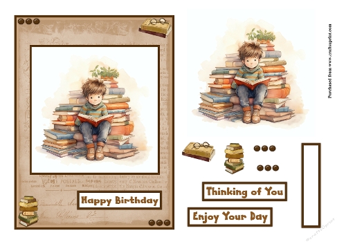 Boy reading books birthday greeting card