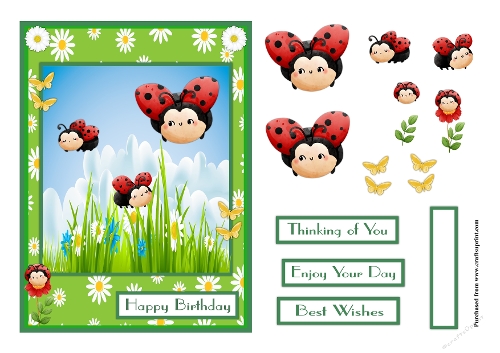 Ladybugs flying around greeting card