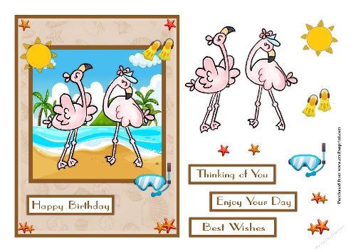 Flamingos at the beach greeting card
