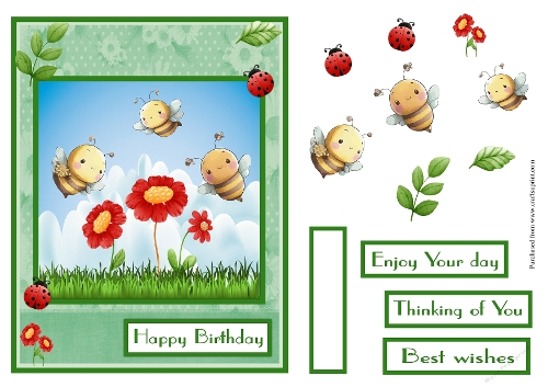 Bees and red flowers greeting card
