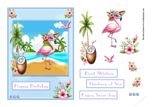 Female greeting card with Flamingo at the beach