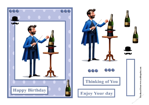 Magician with bottle of champagne male greeting card
