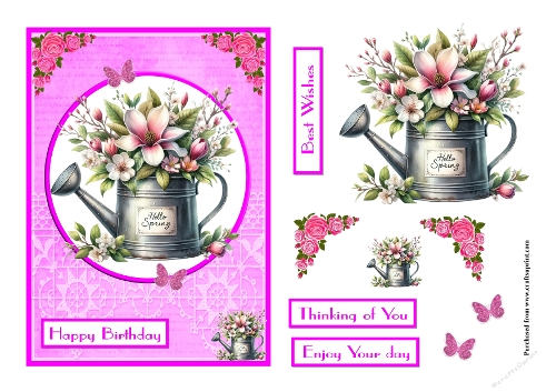 Flowers in watering can greeting card