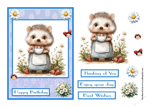 Hedgehog with daisies and strawberries greeting card