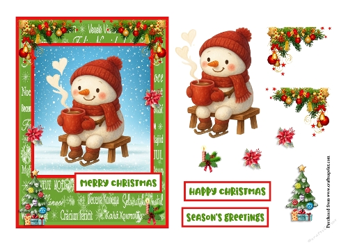 Frosty snowman enjoying a warm cuppa Christmas card
