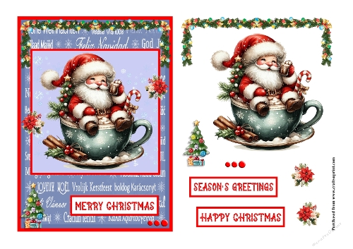 Santa Claus sitting in a cup of chocolate Christmas card