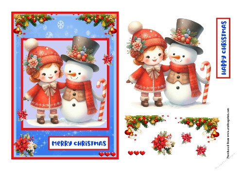 Snowman and little girl Christmas greeting card