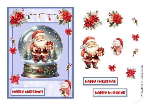 Christmas greeting card with Santa Claus and poinsettias