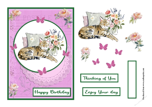 Cat and flowers female greeting card