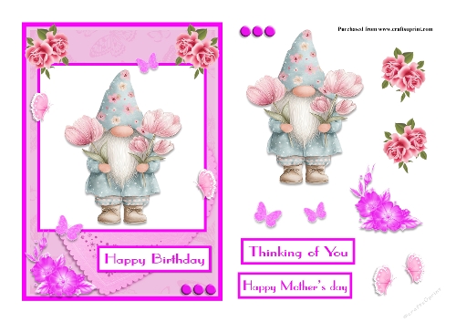 Gnome with flowers and butterflies greeting card also for Mothers day