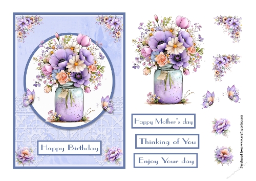 Spring Flowers in Lilac and pale blue greeting card for a Birthday and for Mothers day
